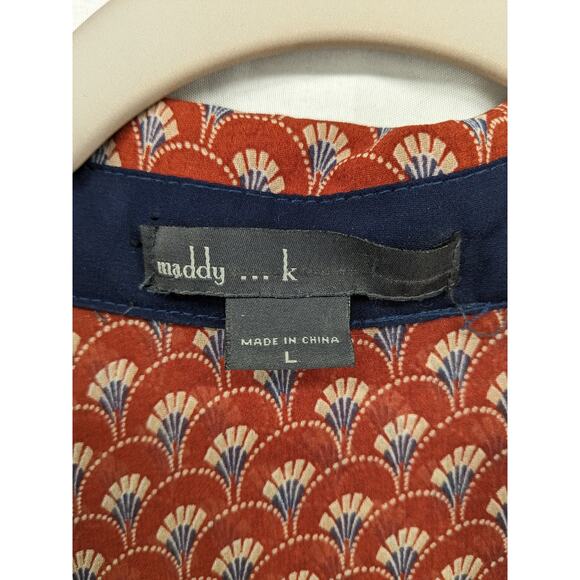 Maddy K Printed Tunic L‎ Orange Long Collared Top Button Up Blouse Everyday Work - Picture 3 of 7
